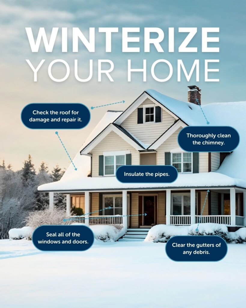 winterize-your-home-pulte-mortgage – Pulte Mortgage Education Corner Infographic by Pulte Mortgage showing a snowy house with five areas to check when winterizing your home.
