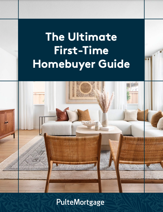 Cozy modern living room with sectional sofa and warm wood accents - "The Ultimate First-Time Homebuyer Guide by Pulte Mortgage