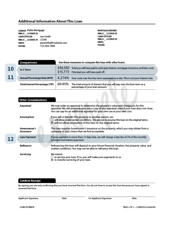 Example of a Pulte Mortgage Loan Estimate, Page 3